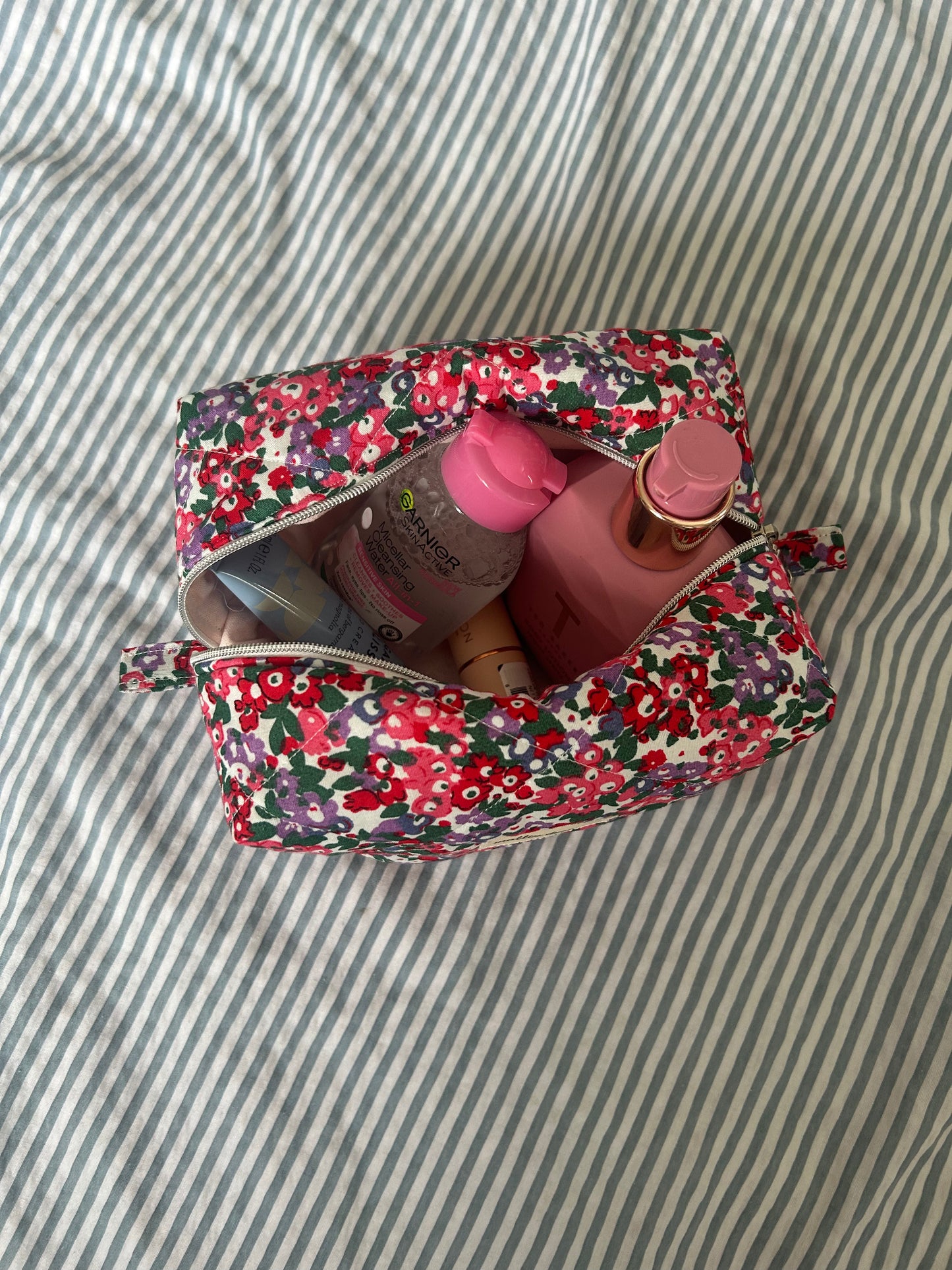 Pink Floral Quilted Makeup Bag