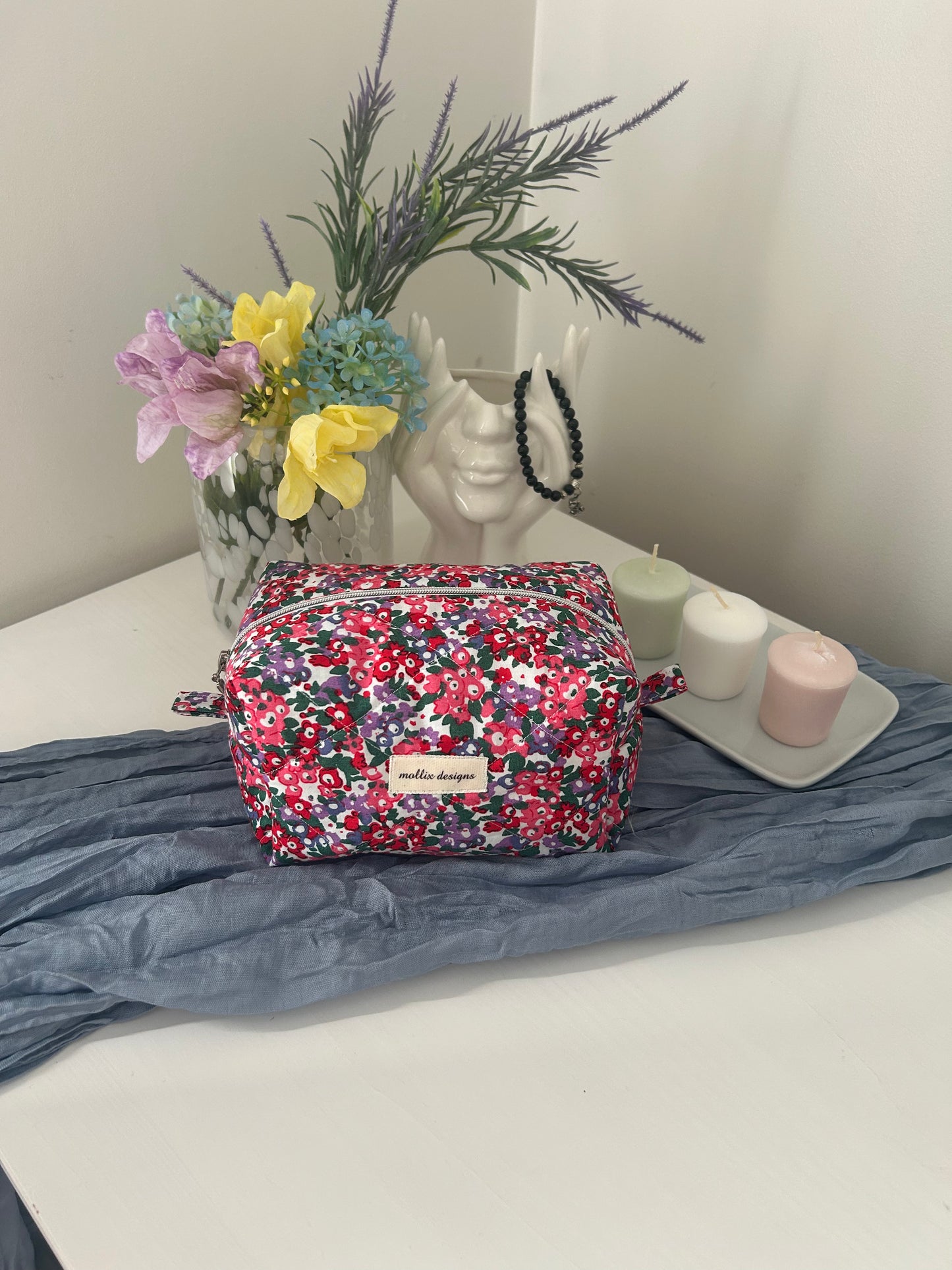 Pink Floral Quilted Makeup Bag