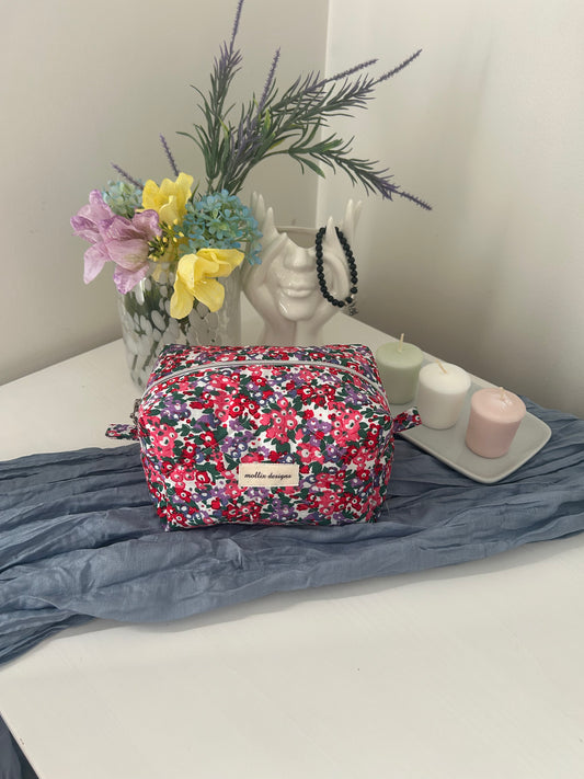 Pink Floral Quilted Makeup Bag